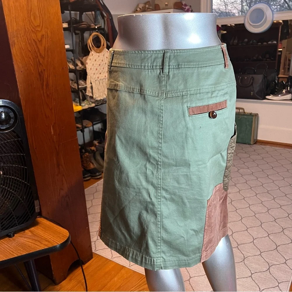 Meadow Rue Anthropologie Green Brown A-Line Patchwork Quilted Pocket Skirt Sz 4 - Picture 5 of 9